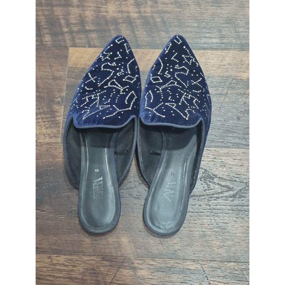 ZARA Navy Velvet Constellation Rhinestone Slip-On Pointed Toe Flats, Women 40(9)